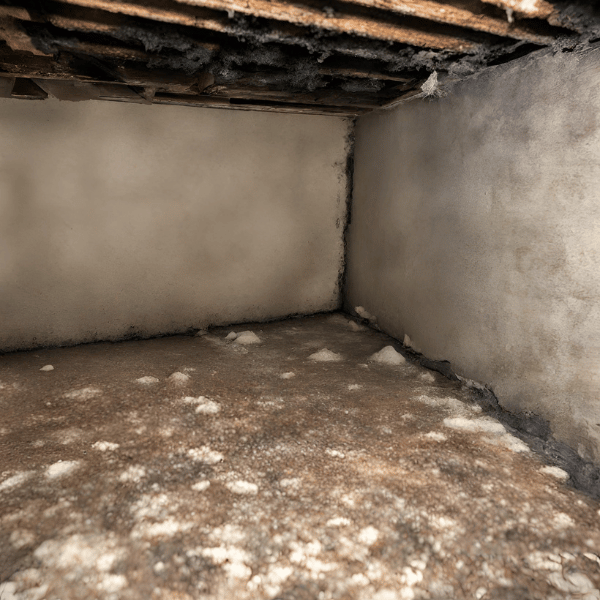 Crawlspace that has mold and mildew growing in it due to excessive moisture. 